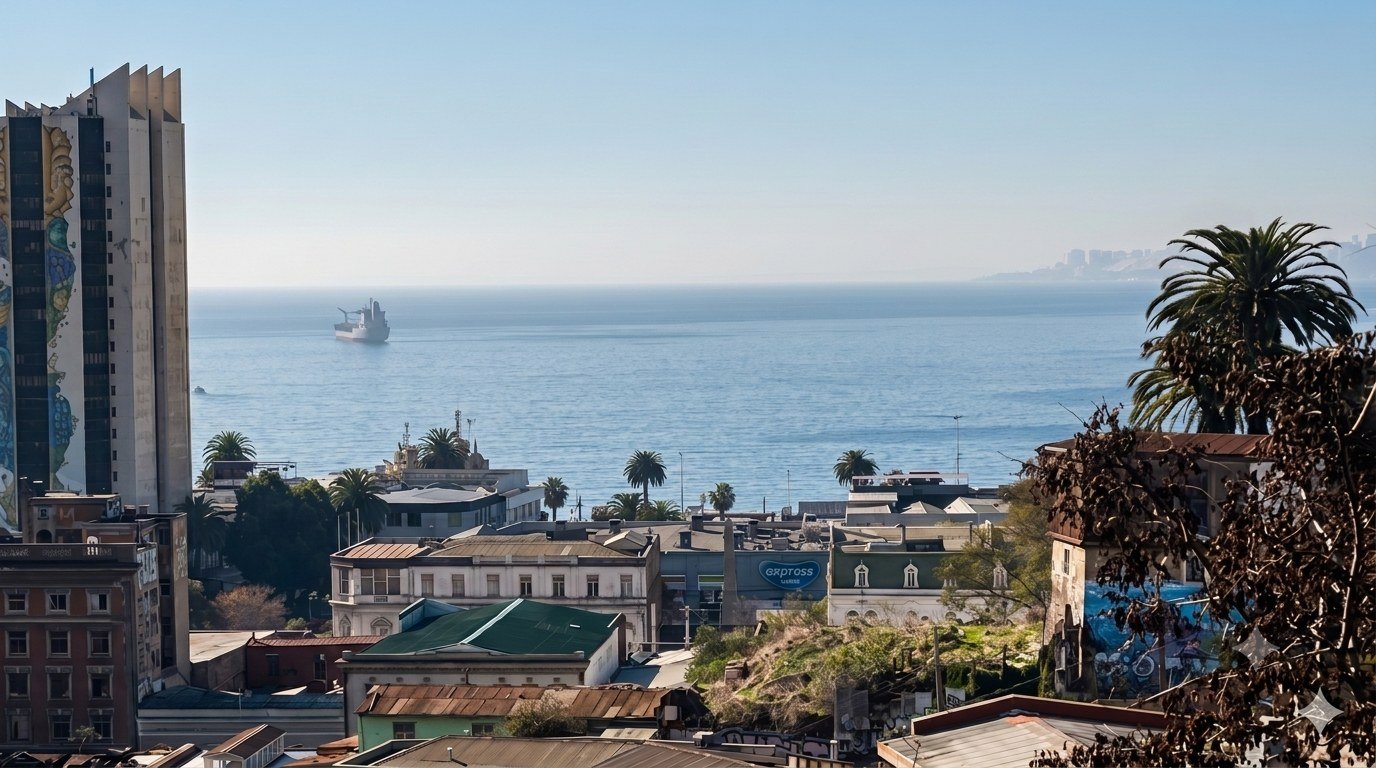 Vista de Valparaíso desde un cerro: un barco de carga cruza la bahía frente a edificios con murales, palmeras y techos de la ciudad.