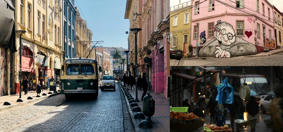 Collage de Valparaíso: trolebús en calle patrimonial, mural de una abuela en fachada rosa, y feria de frutas al atardecer